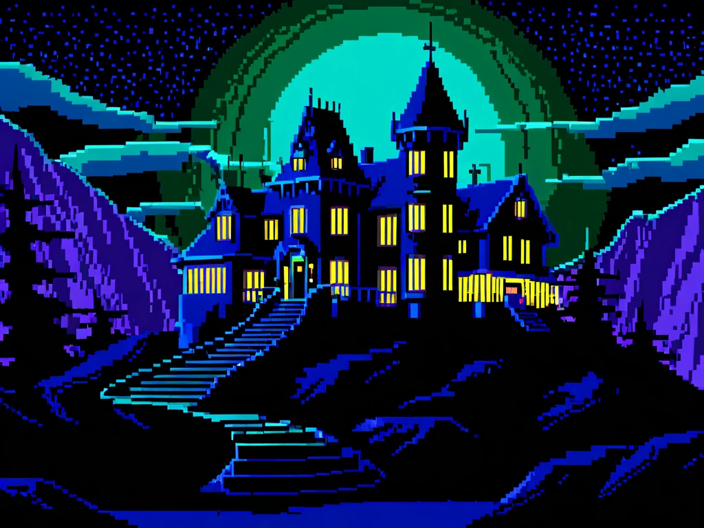 dosegagfx style,creepy mansion on a mountain at night <lora:dosegagfxSDXL-000004:1>