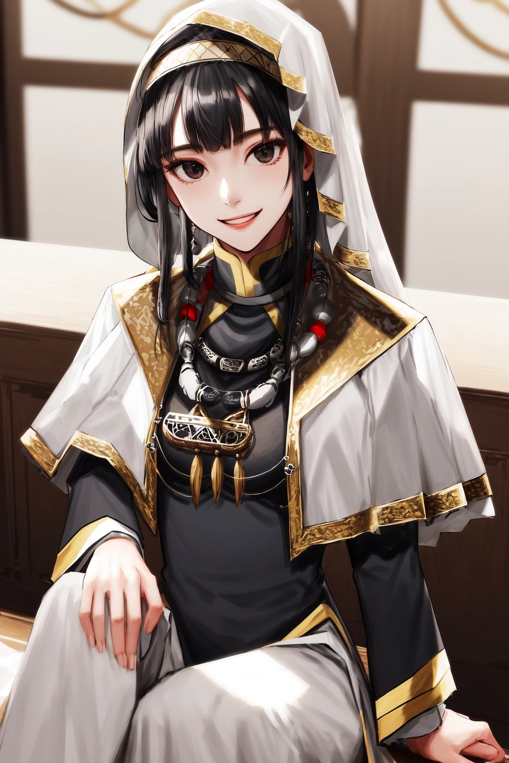 masterpiece, best quality, highres, 1girl black eyes, kafna uniform jewelry <lora:sedona_bleu:1> sitting, smile