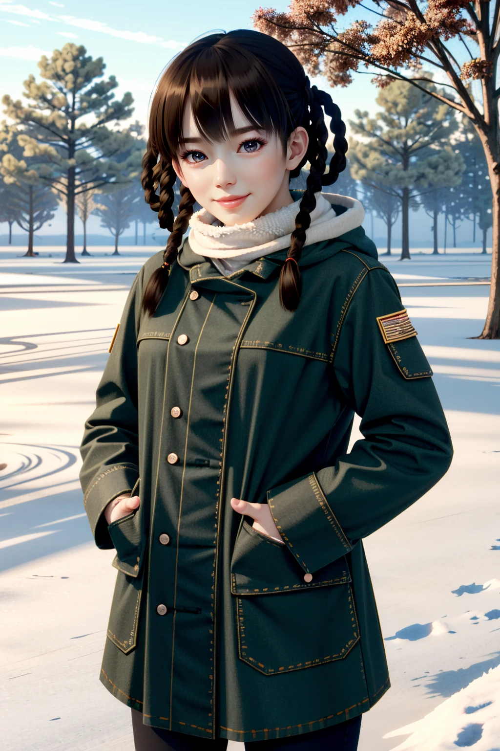 ((ultra detailed, masterpiece, absurdres))
<lora:DOALeiFang:0.9>
DOALeiFang, 1girl, brown hair, brown eyes, twin braids, hair rings, in a winter wonderland, cowboy shot, winter clothing, smile
