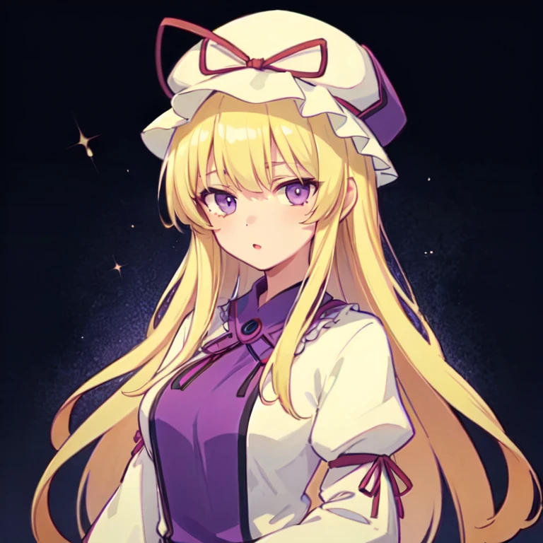 1girl hat solo long-hair blonde-hair purple-eyes long-sleeves mob-cap ribbon upper-body tabard hat-ribbon red-ribbon yakumo-yukari