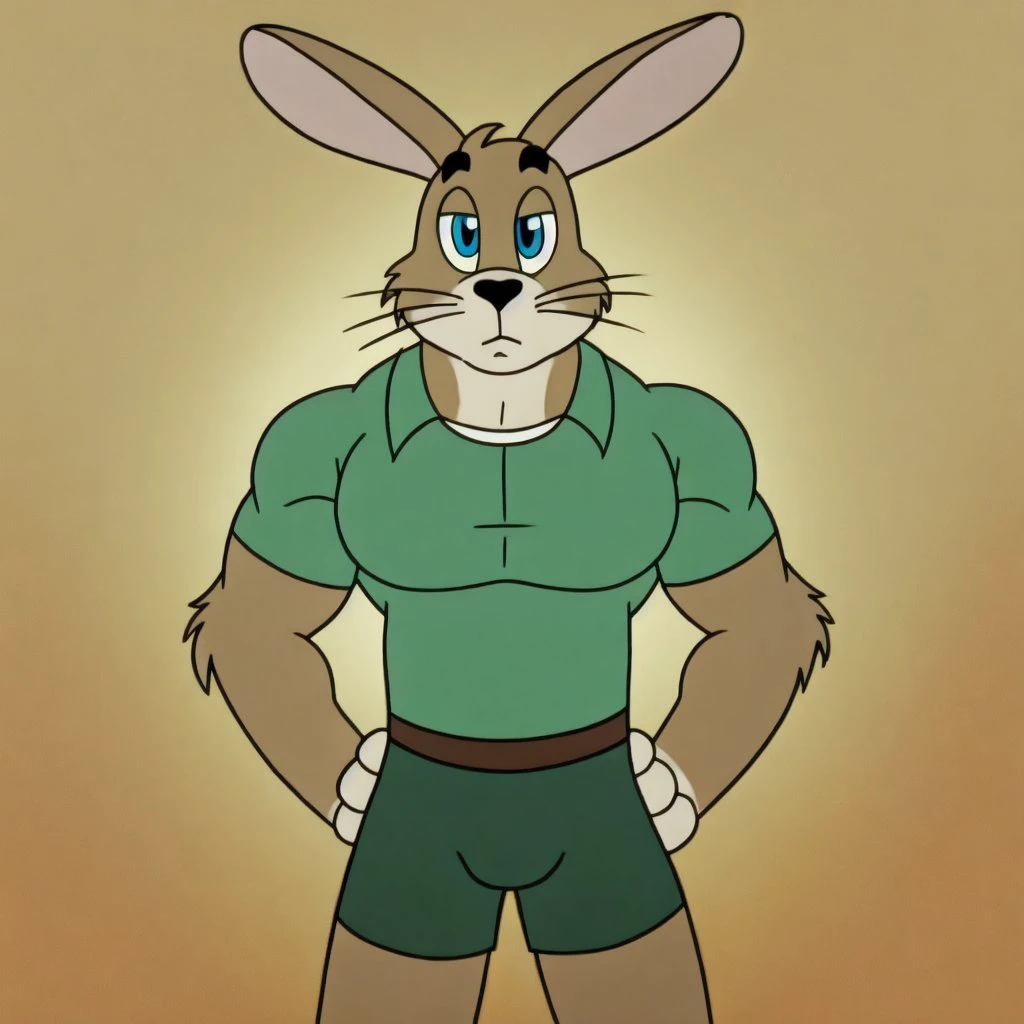 <lora:zayats-05:0.7>
zayats, 1boy, solo, male, hare, masterpiece, tan fur, blue eyes, 4 fingers,
green shirt, dark green shorts, (muscular, buff:1.3), serious look, front view, looking at viewer,