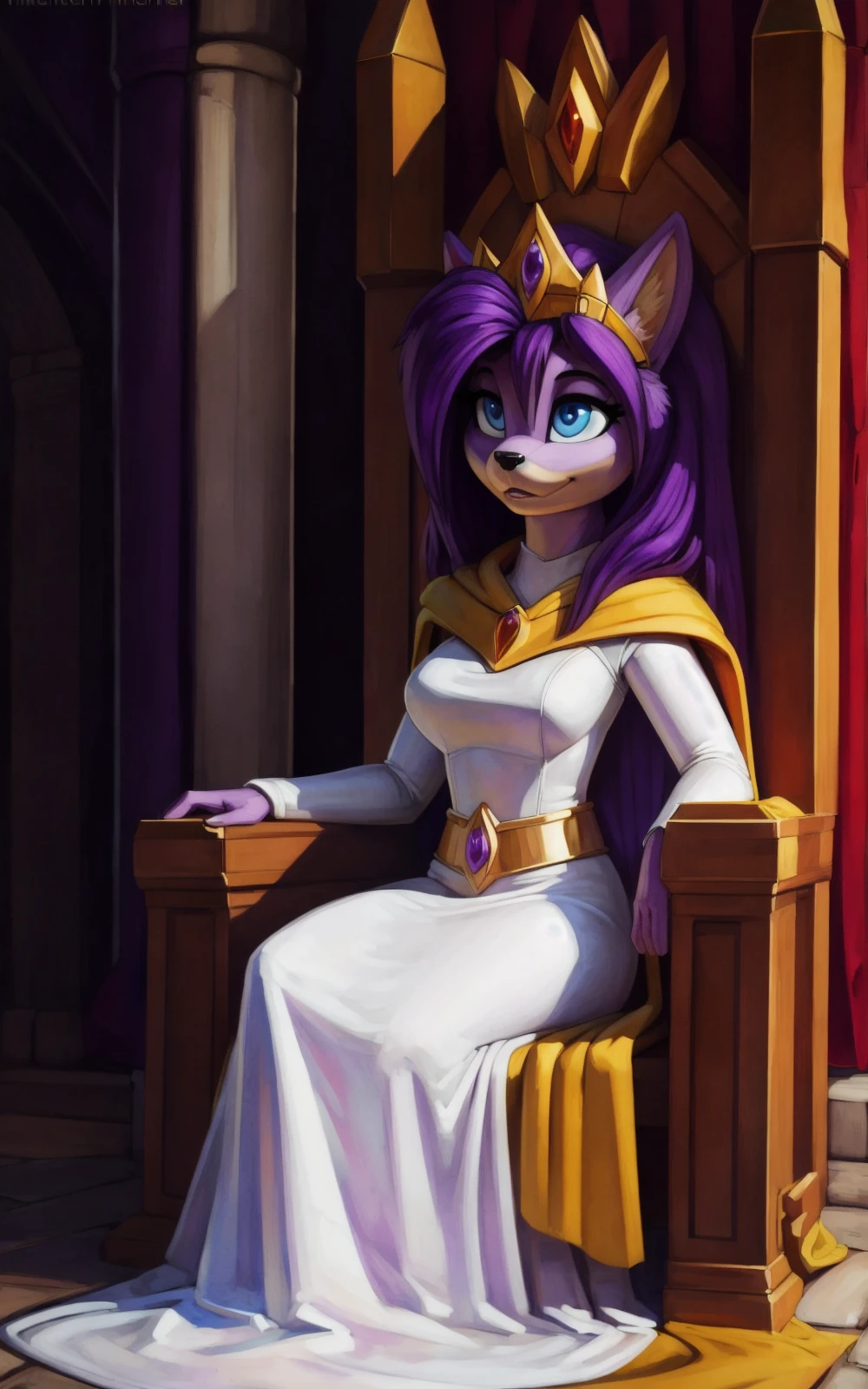 8k,4k,((Best quality, masterpiece, ultra high resolution)),((full body, by pixelsketcher)),    <lora:QueenAleena:0.8>,QueenAleena,long hair, dress, furry, yellow cape, purple hair, white dress,furry female, cape, animal ears,  tiara,  armor,long sleeves, [purple skin],inside castle, castle, sitting, throne,blue eyes,((hair)),golden belt,