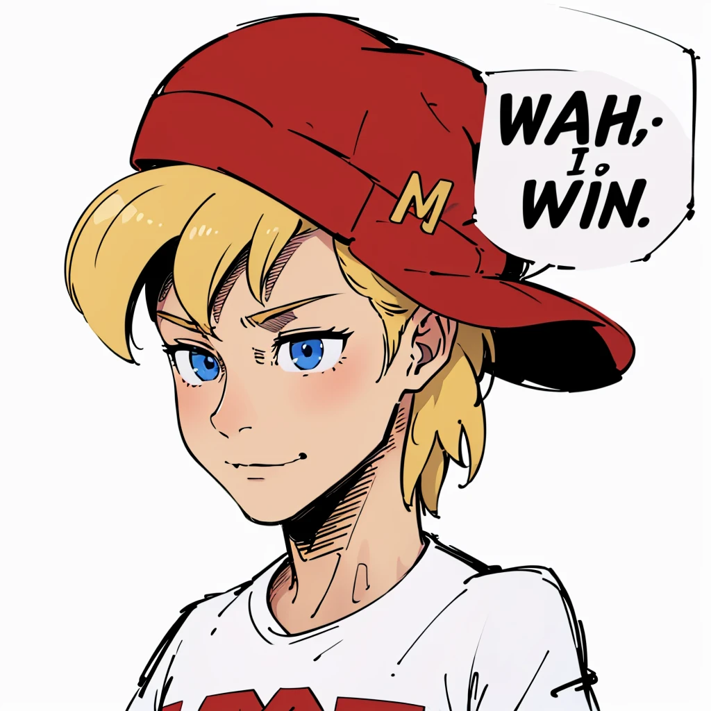 solo, 1boy, mighty max, blonde hair, red hat, white shirt, blue eyes, short sleeves, sideways hat, baseball cap, <lora:MightyMax_Leaf2-v2:0.65>, nahidwin, speech bubble, english text, close-up, <lora:concept_nahidwin:0.6>, white background, simple background,