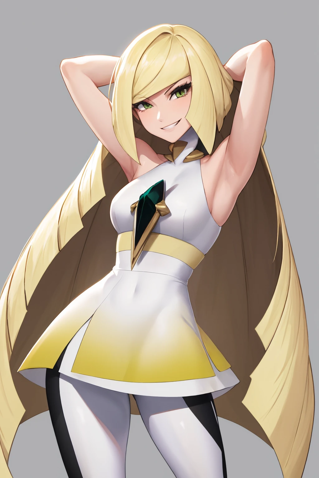 masterpiece, best quality, 1girl, solo, <lora:lusamine-pokemon-richy-v1:1> lusaminedef, very long hair, gem, sleeveless dress, short dress, white leggings, standing, mature female, arms behind head, smirk, evil smile