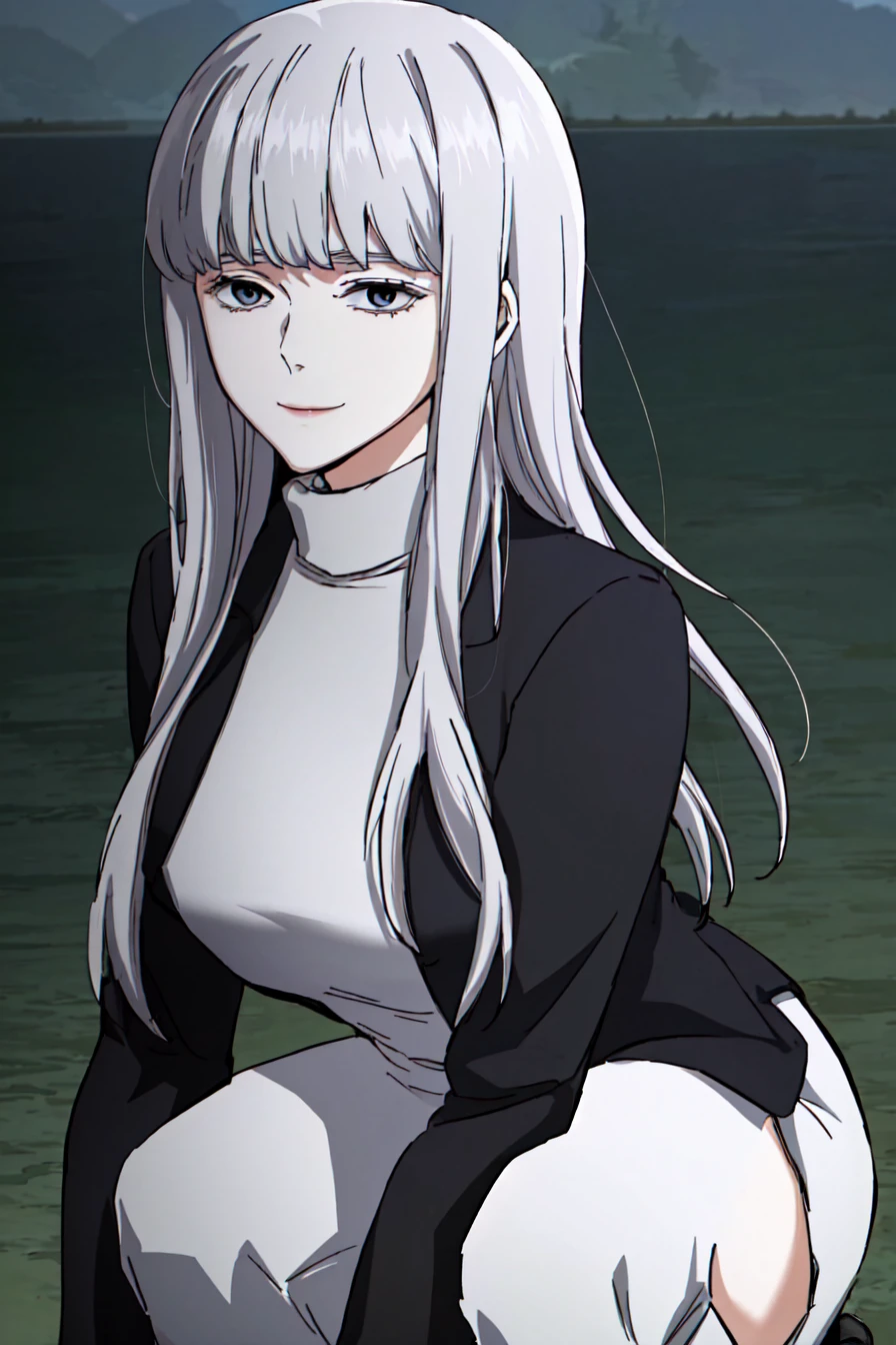 (best quality) , (highly detailed) ,masterpiece ,absurdres ,detailed face ,beautiful face ,(detailed eyes, deep eyes, anime eyes) ,1girl , solo,
Crouching with hands on the ground,
003, grey eyes, grey hair, white hair, long hair, jacket, sweater, black jacket, turtleneck, very long sweater dress, long sweater, (white slit long skirt:1.2), turtleneck sweater, (white knee boots:1.3), slight smile, <lora:003V1:0.8>