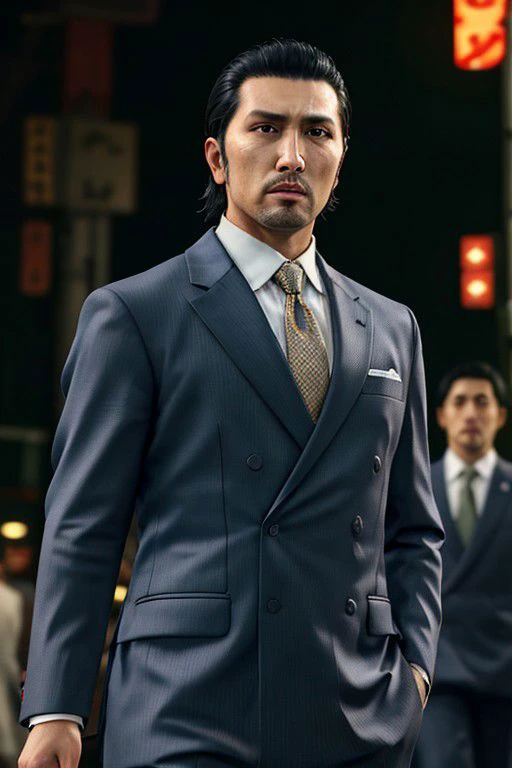 (1 image only),  solo male,  1boy,  Daigo Dojima,  Yakuza,  34 years old,  Asian,  Japanese,  black hair,  short hair,  slicked back hair,  stubble,  handsome,  white collared shirt,  (black suit jacket:1.2),  black necktie,  fit body,  mature,  manly,  hunk,  masculine,  virile,  confidence,  charming,  alluring,  upper body in frame,  night at Kabukicho Tokyo,  perfect anatomy,  perfect proportions,  8k,  HQ,  (best quality:1.5,  hyperrealistic:1.5,  photorealistic:1.4,  madly detailed CG unity 8k wallpaper:1.5,  masterpiece:1.3,  madly detailed photo:1.2),  (hyper-realistic lifelike texture:1.4,  realistic eyes:1.2),  high_resolution,  picture-perfect face,  perfect eye pupil,  detailed eyes,  perfecteyes, perfecteyes, Daigo Dojima,<lora:EMS-283543-EMS:0.700000>,<lora:EMS-498-EMS:0.400000>