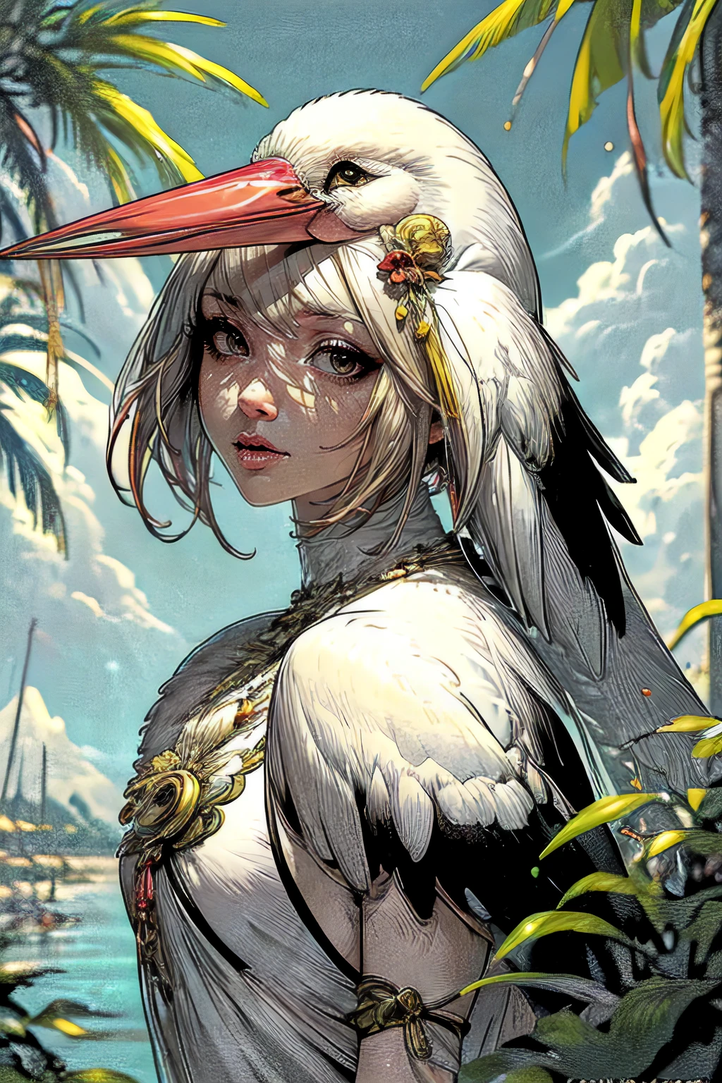 ultra detailed, sharp focus, best quality, masterpiece, <lora:NSGandras:1> NSGandras, 1girl, tropical background, wearing NSGandras, feathers, hair ornament