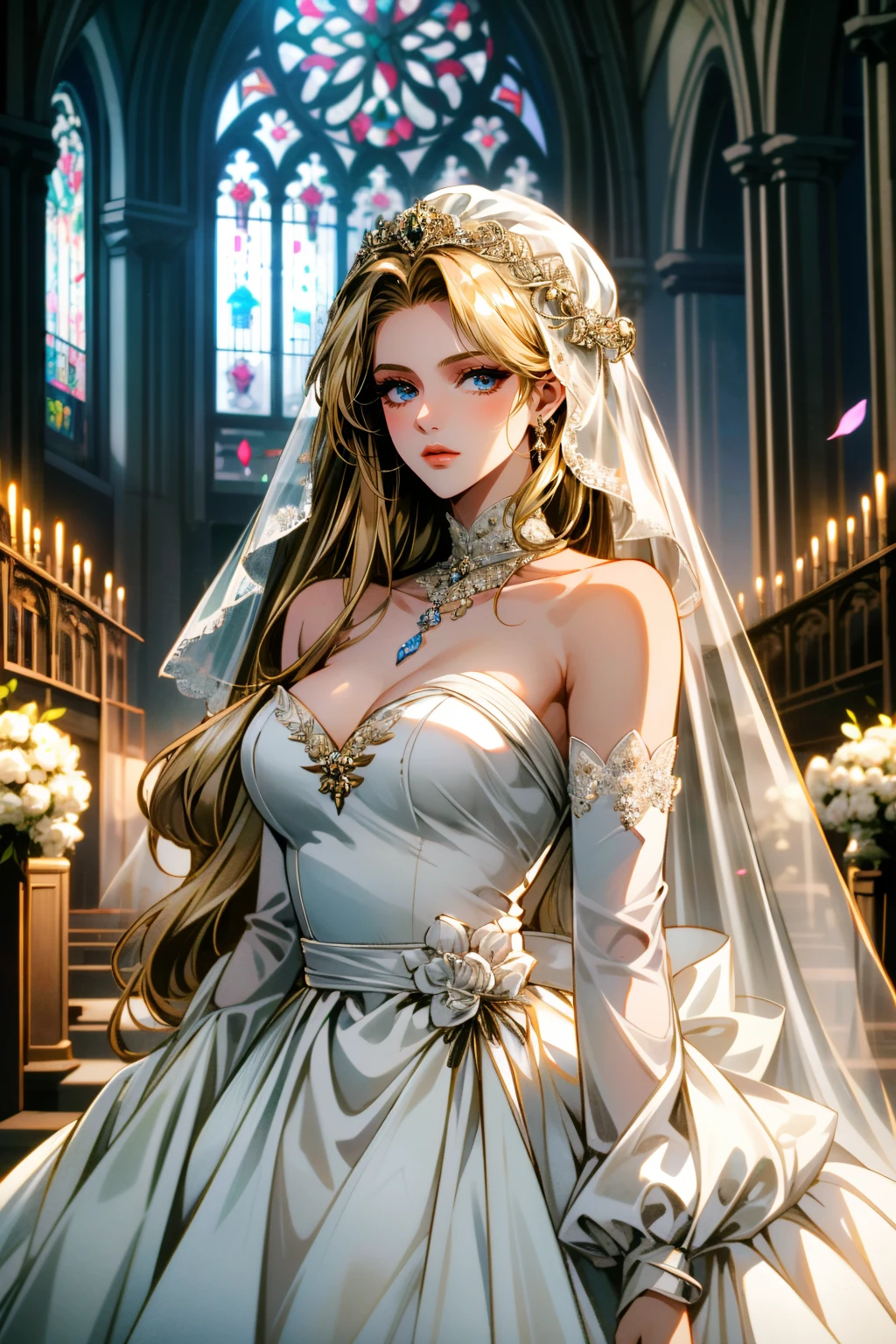 ((masterpiece)), ((best quality)), (detailed), perfect, solo, golden lace bikini bottom, , bride, skirt, blonde, pin up