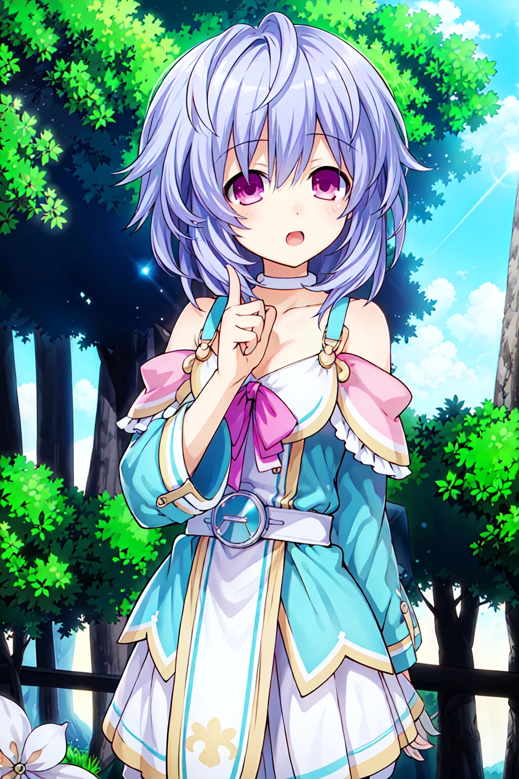 masterpiece, best quality, highly detailed, 1girl, plutia, outside, trees, clouds, sunny, lens flare, beautiful