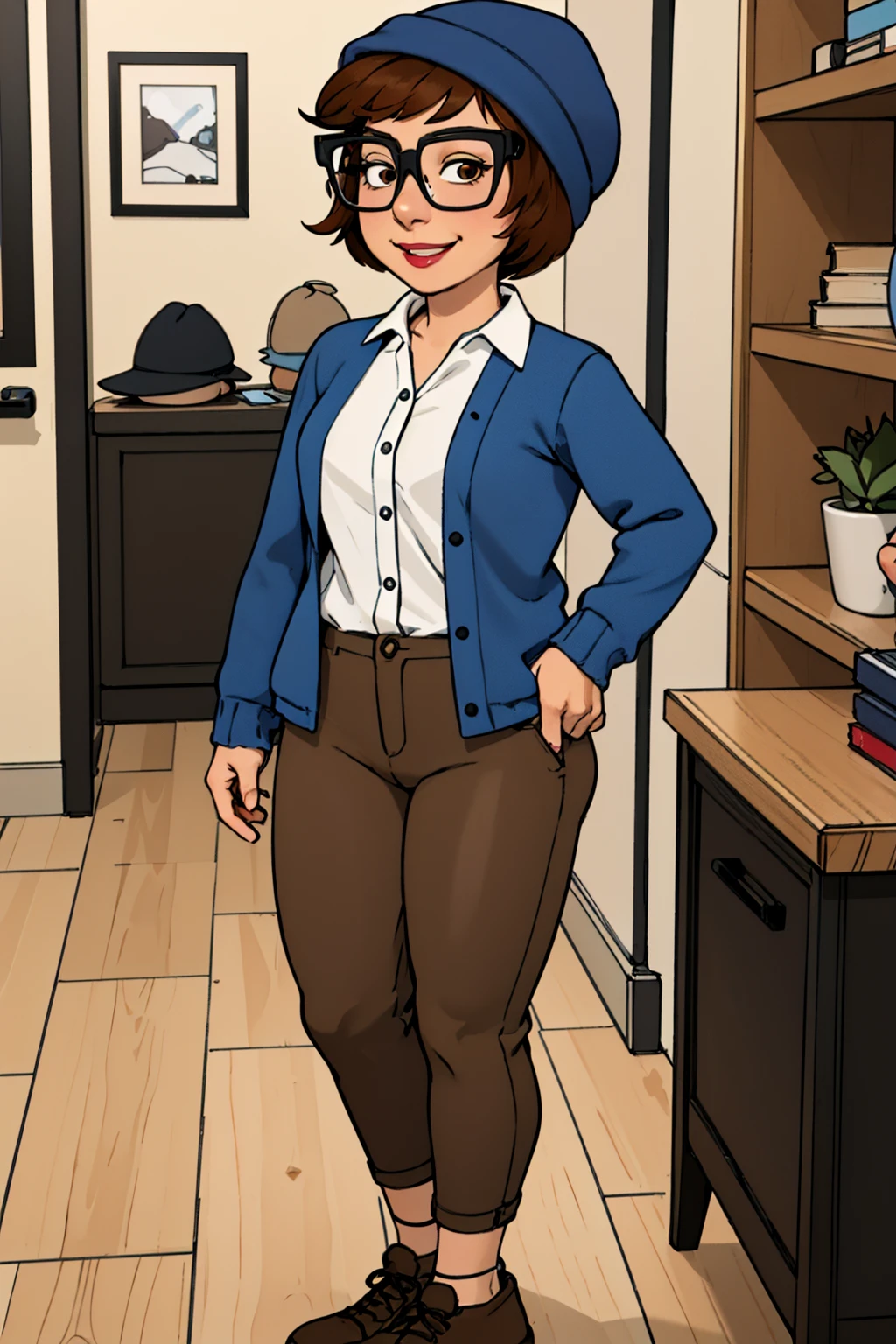 <lora:HipstirMeg-000008:0.5> meg, glasses, brown hair, 1girl, hat, short hair, solo, shirt, black-framed eyewear, pants, white shirt, blue headwear, indoors, brown pants, shoes,looking at viewer, smile,