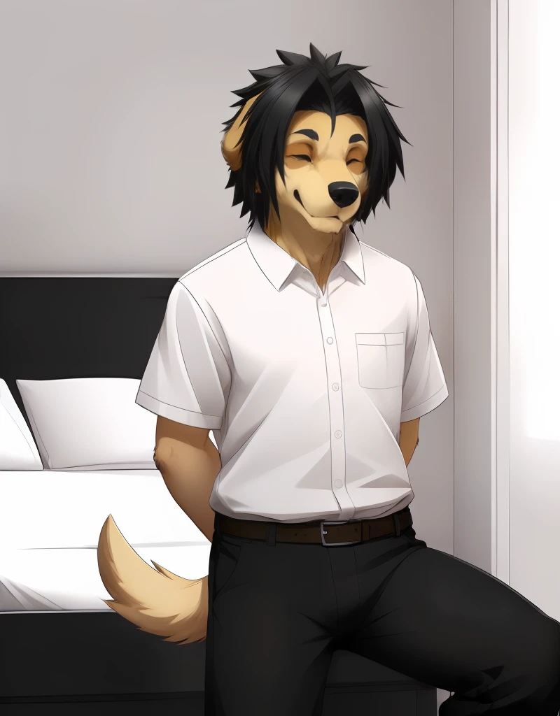 (((detailed eyes, detailed face))), (furry, kyouji <lora:character_kyouji_findigo_v2:1>, black hair, hair intakes, dog boy, snout, closed eyes:1.8), male, (solo), (plump), (white shirt, black pants), sitting, (arms behind back), smile BREAK (konzaburou, ukan_muri, cute), bedroom, (flat shading, high brightness), 8k, UHD, masterpiece, (full body)