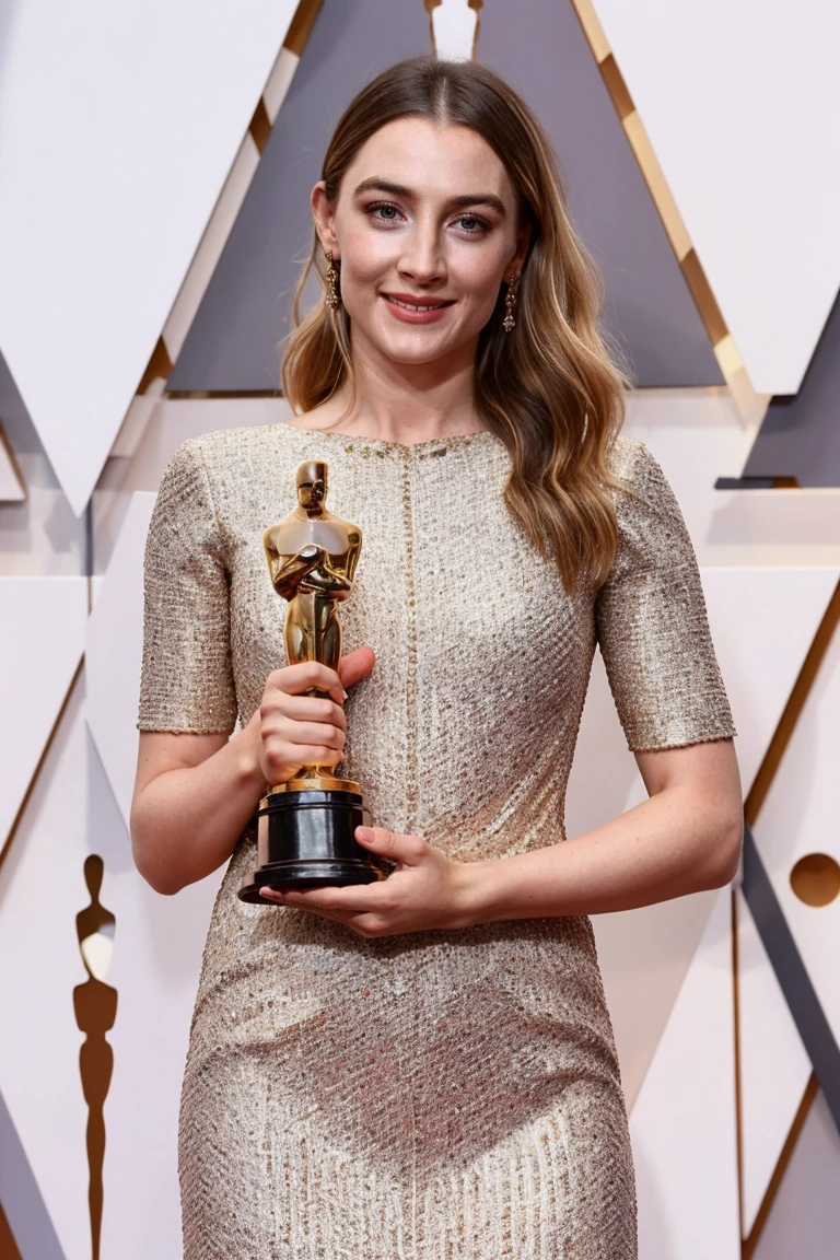 1girl, Oscar trophy, Academy awards, holding a trophy, grin, on stage, purple short-sleeve dress, female focus, photorealistic, soft colors, masterpiece, high quality, (high detailed skin:1.1)
<lora:saoirse_ronan_lora_v01:1> saoirse94