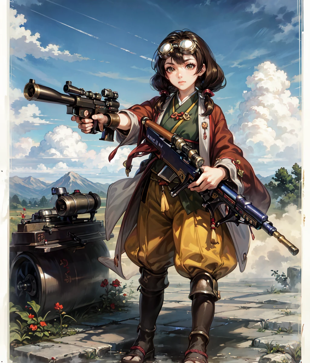 masterpiece, high res, detailed face, detailed eyes, anime screencap, 1 girl, solo, standing, aiming, rifle, brown hair, low twintails, googles on top of the head, steampunk, japanese clothes, yellow short pants, outdoors, mountain, oni, cowboy shot, full body, <lora:Professor:1>