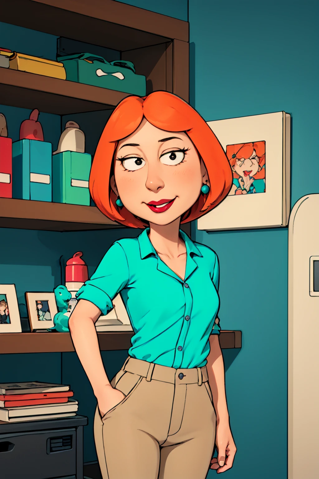 <lora:lois4-000007:0.55> lois, 1girl, blue earrings, short hair, solo, lipstick, orange hair, aqua shirt, beige pants,looking at viewer, smile, upper body,