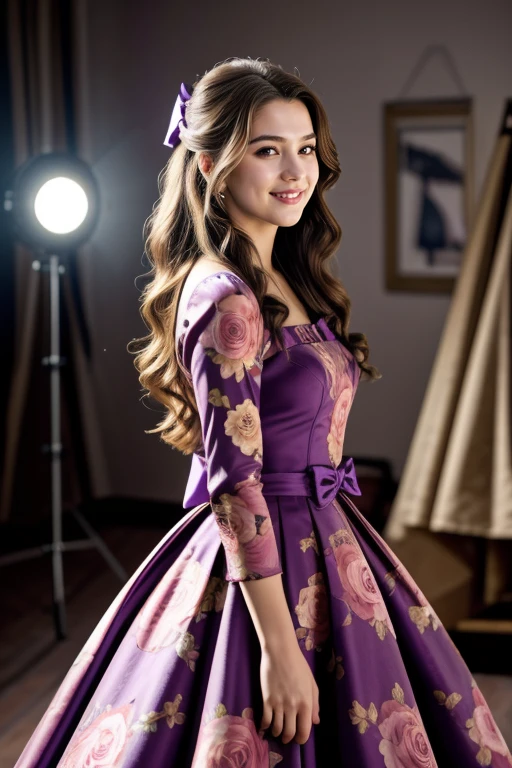 ((Masterpiece, best quality, cinematic lighting, 8k, full body shot, long hair, hour glass body)), (smile:0.85), (realistic background)
<lora:Floral_Ballgown_By_Stable_Yogi:1>  purple floral print ballgown, hair bow, ribbon