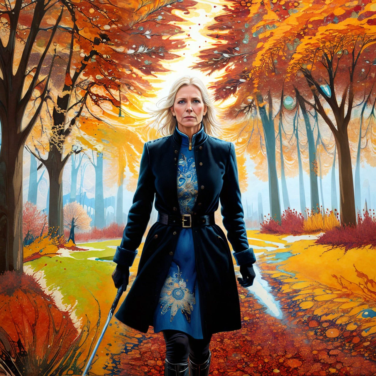 award-winning xlomrblng painting of a mature Swedish valkyrie walking in a autumn park, glowing plasma daisies, intricate, crisp lines <lora:xlomrblng:1>