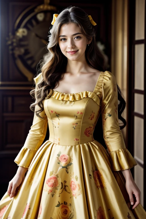 ((Masterpiece, best quality, cinematic lighting, 8k, full body shot, long hair, hour glass body)), (smile:0.85), (realistic background)
<lora:Floral_Ballgown_By_Stable_Yogi:1>  yellow floral print ballgown, hair bow, ribbon