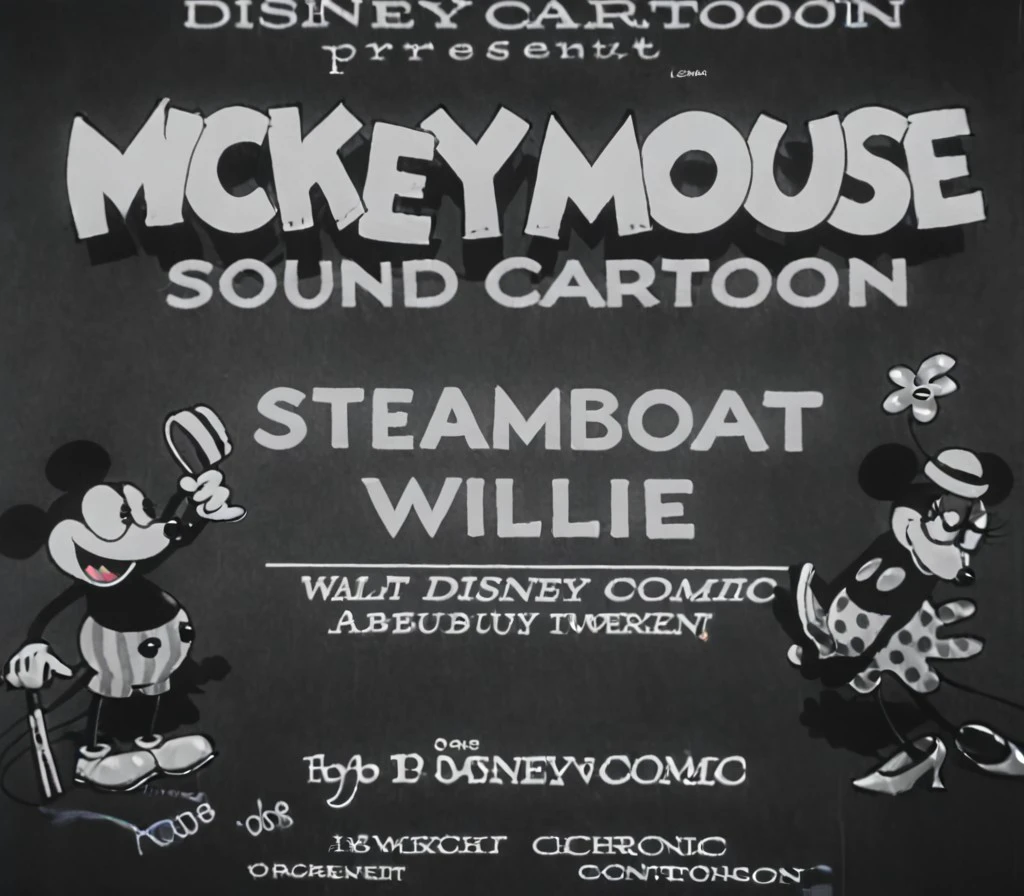 1920s animation, start, sound cartoon, mickey mouse cane and hat and minnie mouse in dress, smile, a walt disney comic, simple background, black background, disney cartoons, title "steamboat willie", present, hat, holding, standing, flower, shoes, bag, english text, polka dot, top hat, text focus, polka dot dress
<lora:steamboat_willie:1>