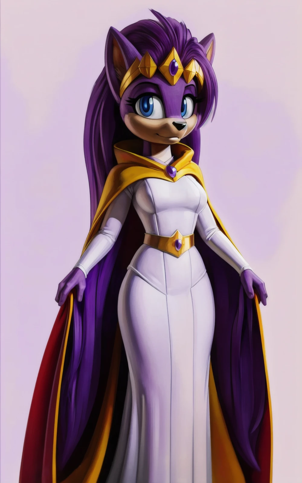 8k,4k,((Best quality, masterpiece, ultra high resolution)),((full body, by pixelsketcher)),    <lora:QueenAleena:0.9>,QueenAleena,long hair, dress, furry, yellow cape, purple hair, white dress,furry female, cape, animal ears,  tiara,  armor,long sleeves, [purple skin],((white background)),blue eyes,((hair)),golden belt