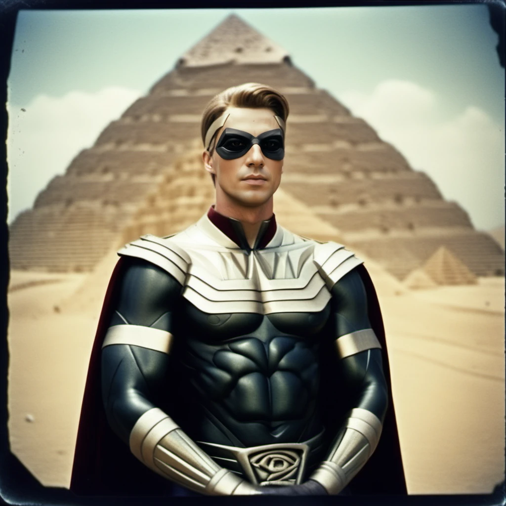 analog film photo  a man with a mask in a superhero suit and cape,  in a 80s egypt pyramids background<lora:Ozymandias1024-000450:0.8> . faded film, desaturated, 35mm photo, grainy, vignette, vintage, Kodachrome, Lomography, stained, highly detailed, found footage