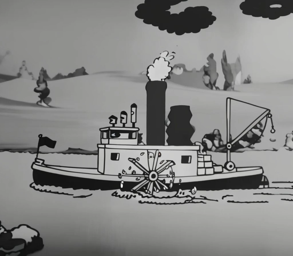 1920s animation, steamboat willie sailing on a river, scenery at background, rings of smoke coming from smokestack, waves
<lora:steamboat_willie:1>
