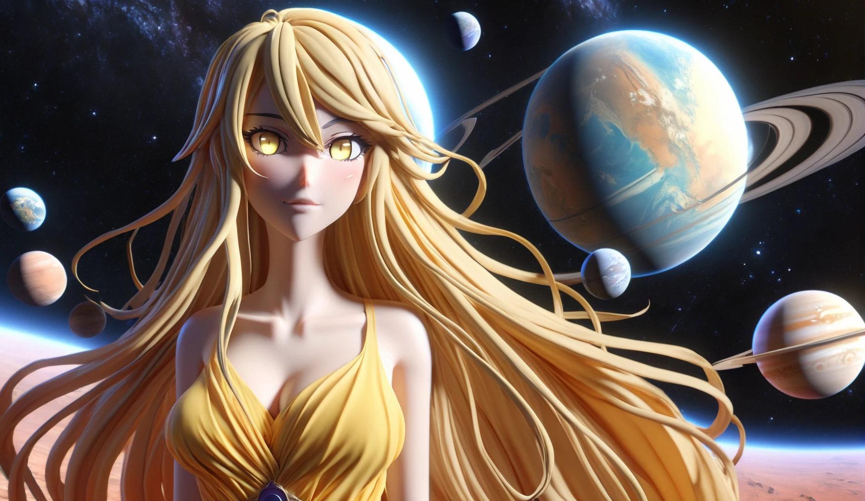 3d, 3d render,3d anime, japanese anime, highly detailed, vibrant, production cinematic, absurdres, highres, 1girl absurdly_long_hair blonde_hair closed_mouth dress earth_(planet) floating_hair full_body jupiter_(planet) long_hair looking_at_viewer mars_(planet) mercury_(planet) neptune_(planet) personification planet saturn_(planet) sleeveless sleeveless_dress smile solar_system solo sun uranus_(planet) venus_(planet) very_long_hair yellow_dress