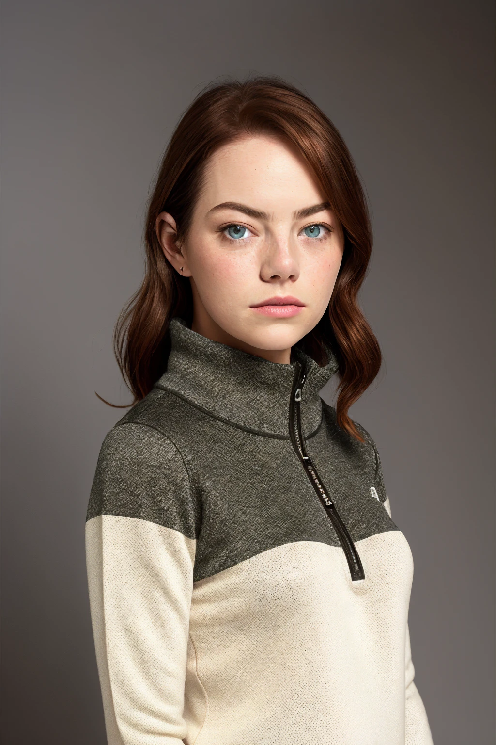 <lora:Emma_Stone-v1-01:1.4>3mm4, woman, Quarter-Zip Sweater, Soft Focus, Oil Painting Style Photography, digital camera, Softbox with a diffuser and snoot for versatile control (Diffused Snooted Softbox).