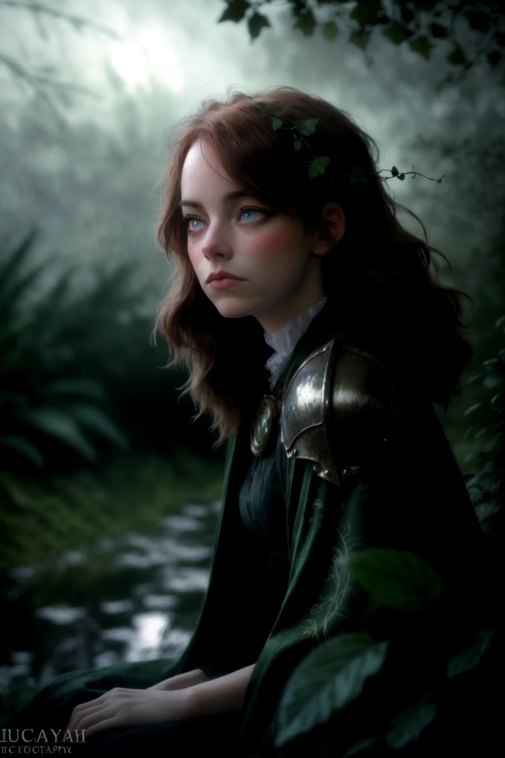 <lora:Emma_Stone-v1-01:1.4>3mm4, woman, solo, half shot, looking away, detailed background, detailed face, (victorian theme:1.1) glowing eyes, nature-defender, leaf armor, harmony of ivy with metal, plated armor, plants cloak, creeping on armor, green magical lights, sitting, graceful, plant overgrowth,floating particles, overgrown trees in background, winter, insects, storm brewing, twilight, mystical atmosphere,, (pictorialist:1.5),soft focus,dreamy haze,black and white, straight-on, head out of frame, bioluminescent details, , 50mm f1.2, shot on Lumix GH5