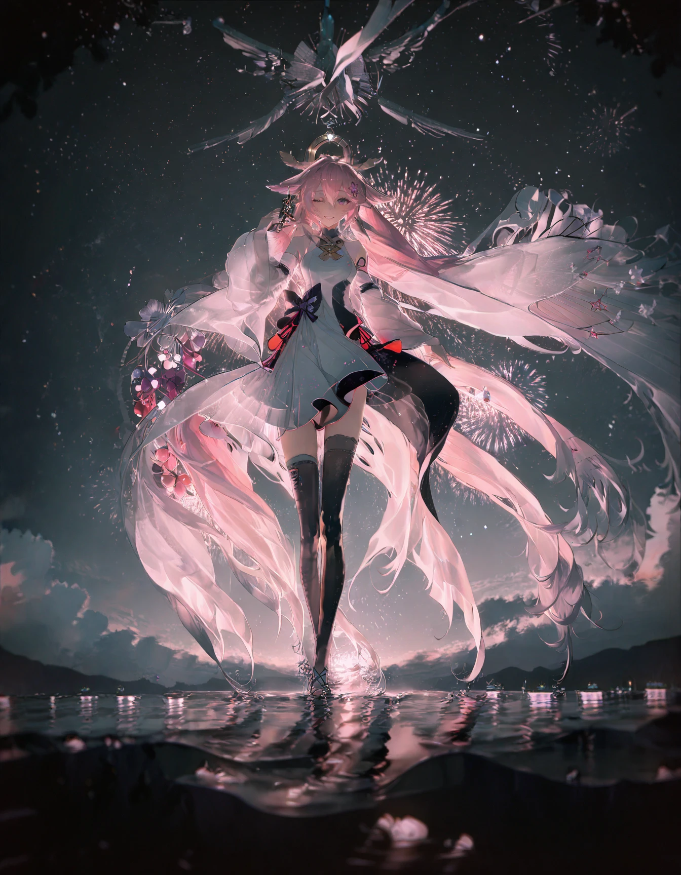 detailed, aesthetic, beautiful, beautiful color, amazing quality, best quality, 1girl, long hair, solo, purple eyes, smile, grin, one eye closed, looking at viewer, bangs, yae miko, floppy ears, pink hair, long sleeves, skirt hold, bare shoulders, <lora:Rella:1>, white dress, standing, flower, outdoors, sky, barefoot, water, white dress, blurry, night, depth of field, star (sky), night sky, wading, starry sky, wide shot, fireworks, aerial fireworks