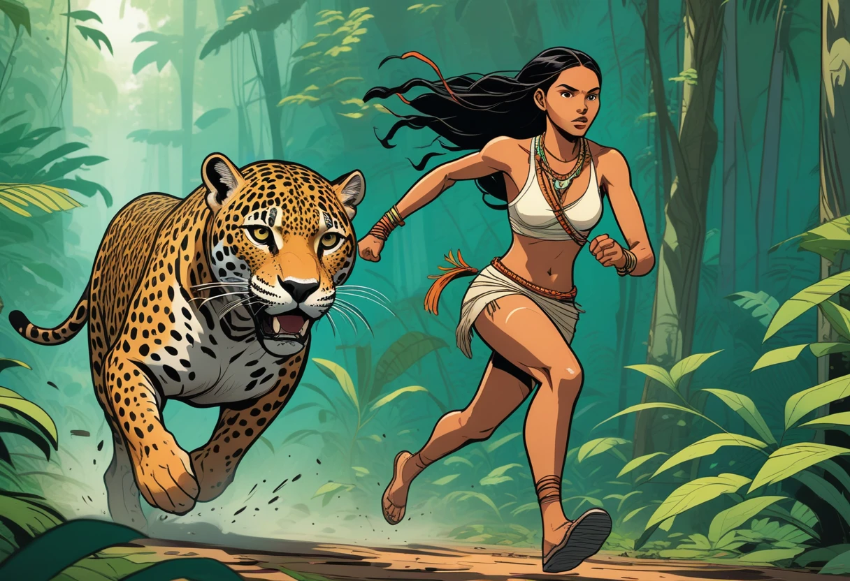 action scene, side view of a young indigenous Brazilian woman running side by side with a jaguar in Amazonia rainforest, in anime comic book style, movement lines