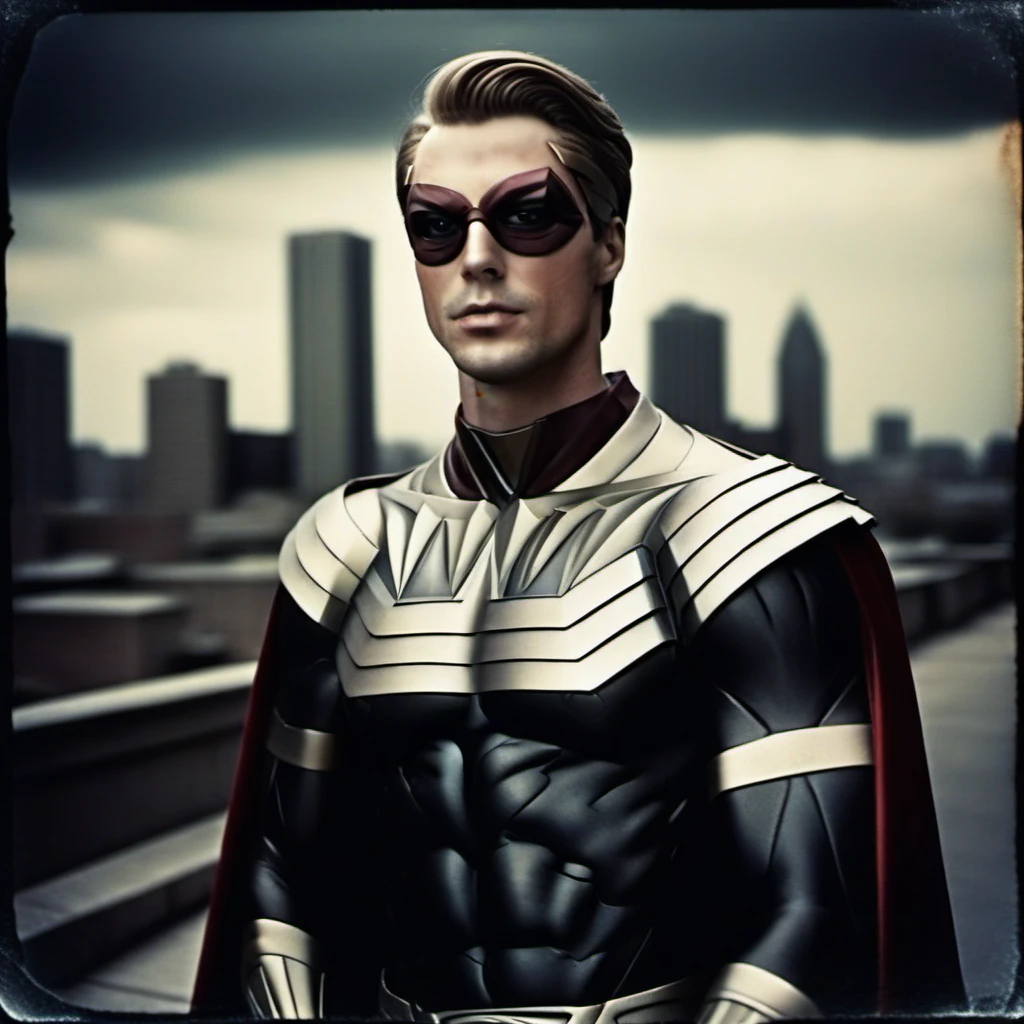 analog film photo  a man with a mask in a superhero suit and cape in a 80s city background<lora:Ozymandias1024-000450:0.8> . faded film, desaturated, 35mm photo, grainy, vignette, vintage, Kodachrome, Lomography, stained, highly detailed, found footage