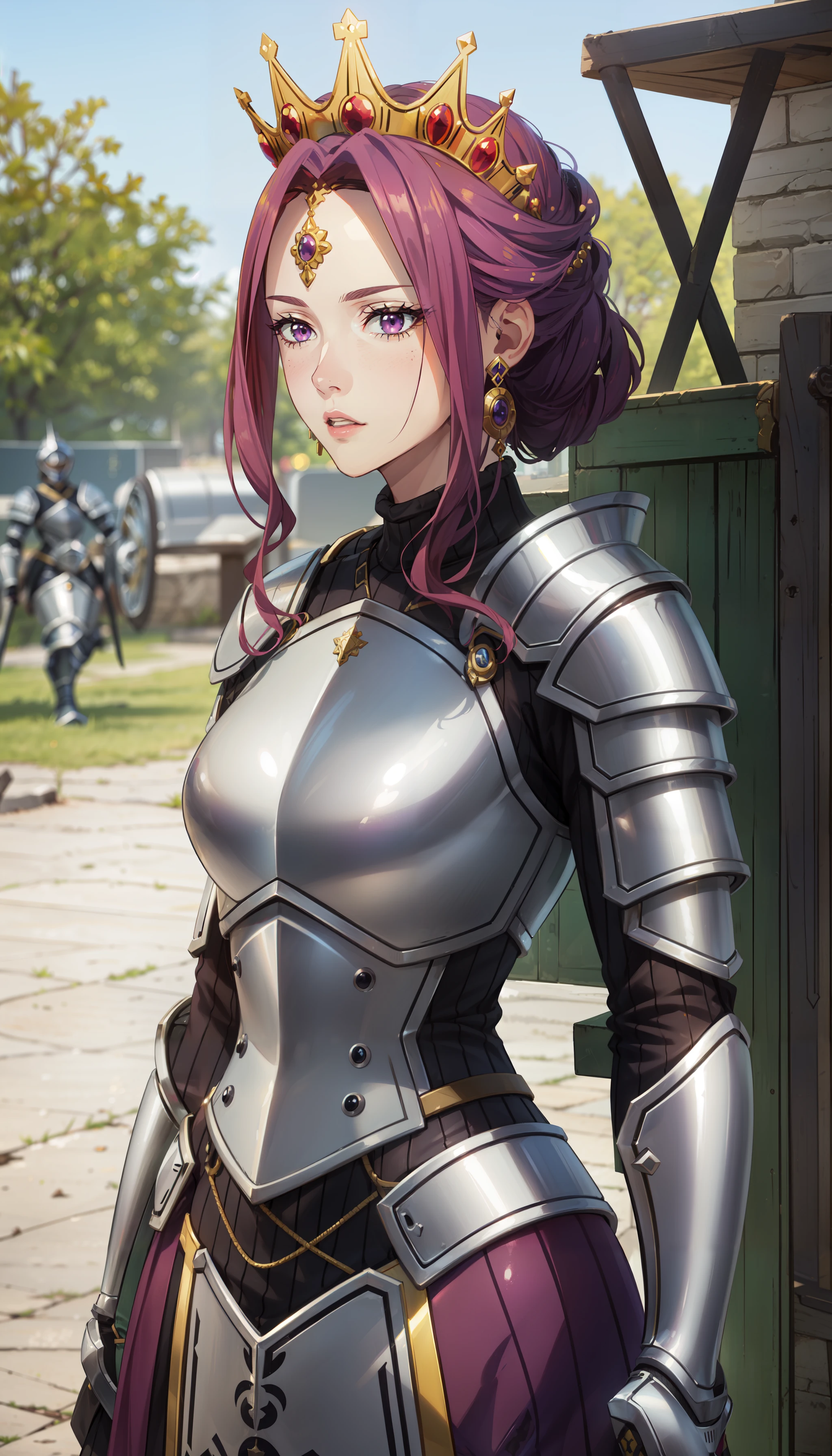 photorealistic, (4k), depth of field, (Masterpiece), (realistic skin texture), extremely detailed, intricate, hyper detailed, professional photography, bokeh, high resolution, sharp detail, best quality, woman, purple hair, purple eyes, armor, breastplate, armored dress, crown, earrings, <lora:GoodHands-beta2:1> , <lora:detail_slider_v4:0.8> , <lora:Mirelia Q Melromarc-000004:0.7> , dynamic pose, (chin in hand), battlefield,