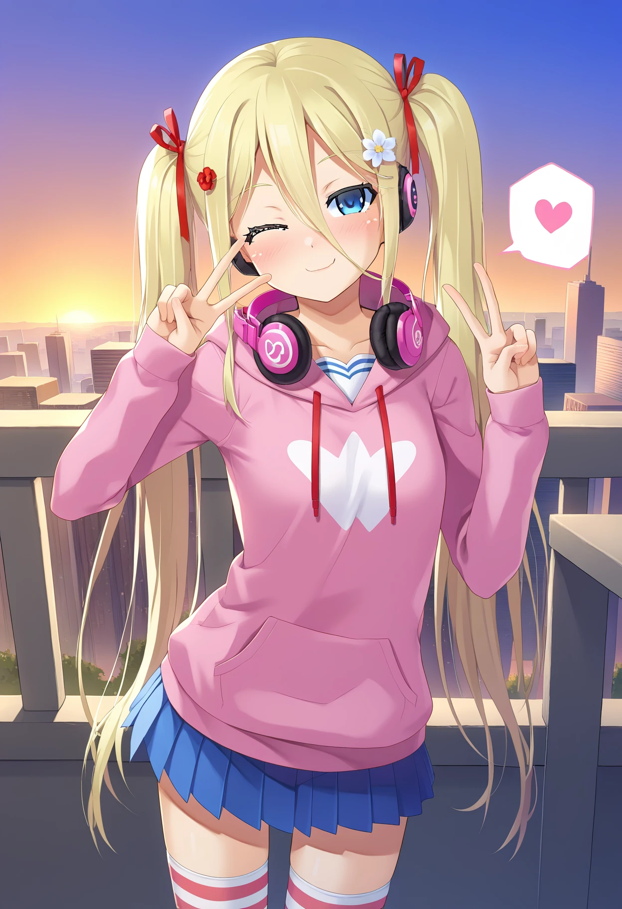 score_9, best quality, masterpiece, uncensored, source_anime, rating_explicit
BREAK
orifushi mafuyu, blonde hair, blue eyes, hair between eyes, hair flower, hair ornament, hair ribbon, long hair, ribbon, striped clothes, striped thighhighs, twintails, standing, one eye closed, smug, detailed background, outdoors, city, v sign, headphones, pink t-shirt, spoken heart, pleated blue skirt, hoodie, tokyo
<lora:happoubi_jin_pony_v3:1>