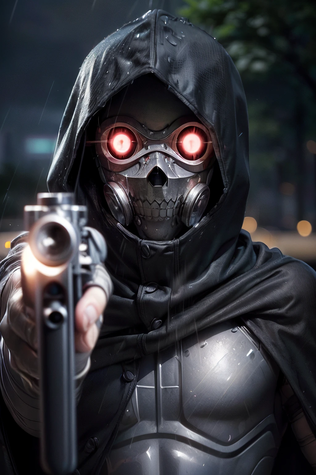 <lora:char_SAO_[D34thGun]-000008:1.0><lora:XL-char_SAO_[D34thGun]-v1-000005:0.8> (d34thgun:1.5), (man wearing a cyberpunk skull mask with glowing red eyes, muscular stature:1.4), (full face mask, metallic gasmask, wrapped in bandages, cloak, pistol, kevlar armor:1.3)(1boy, male focus:1.5), (masterpiece, top quality, best quality, detailed scenery background, official art, beautiful and aesthetic, extremely detailed, best quality, absurdres:1.3), (detailed natural lighting, depth of field:1.3) (hyperrealistic:1.5), vivid 16k colorful hdr, highest detailed, (standing, holding pistol, aiming, raining, nighttime:1.3), (closeup, face focus:1.5)