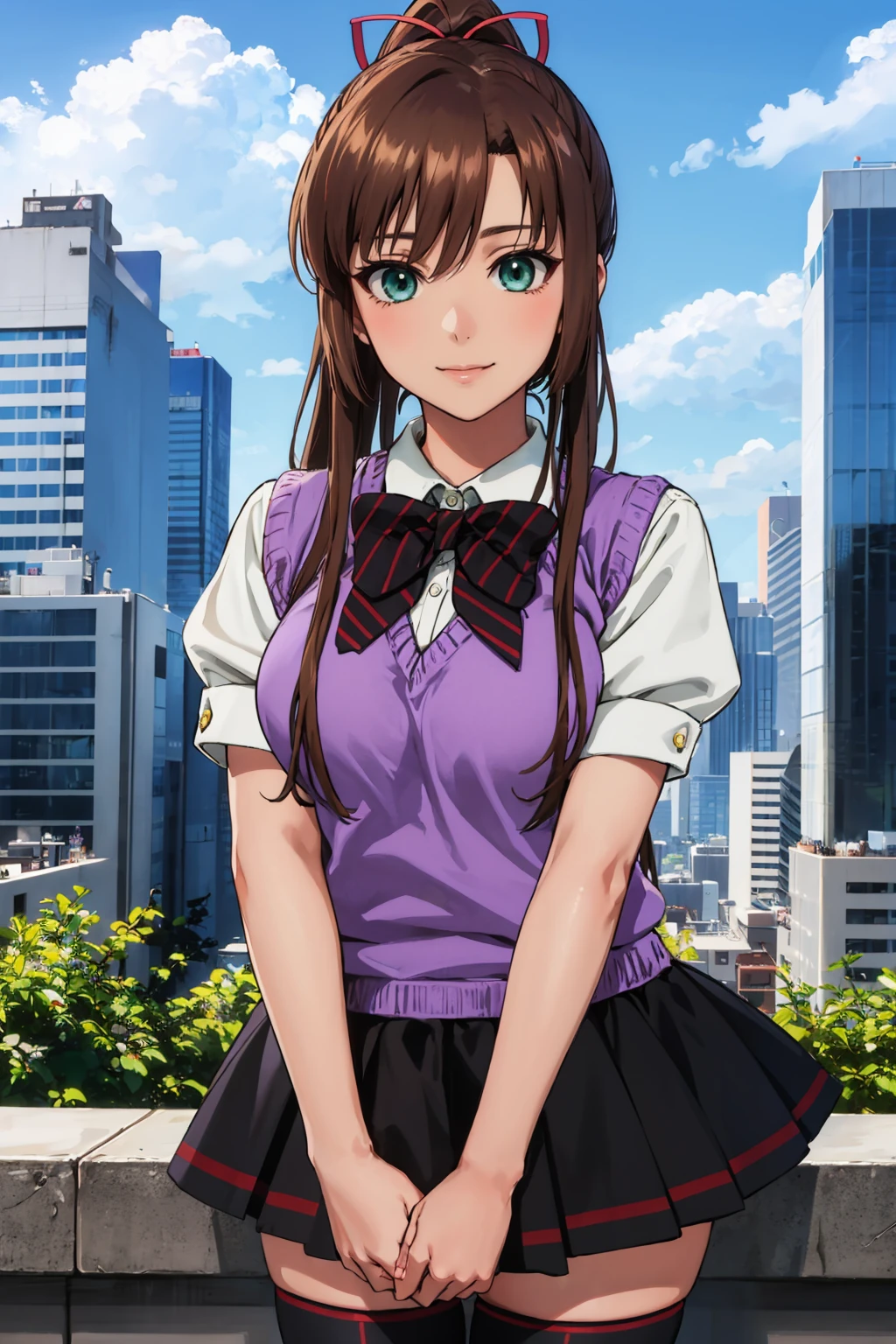 masterpiece, best quality, <lora:kirasakasayaka-nvwls-v1-000009:0.9> kirasaka sayaka, ponytail, hair ribbon, bowtie, white shirt, purple sweater vest, short sleeves, pleated skirt, black thighhighs, upper body, light smile, cityscape, blue sky, looking at viewer, green eyes, (large breasts:0.6)