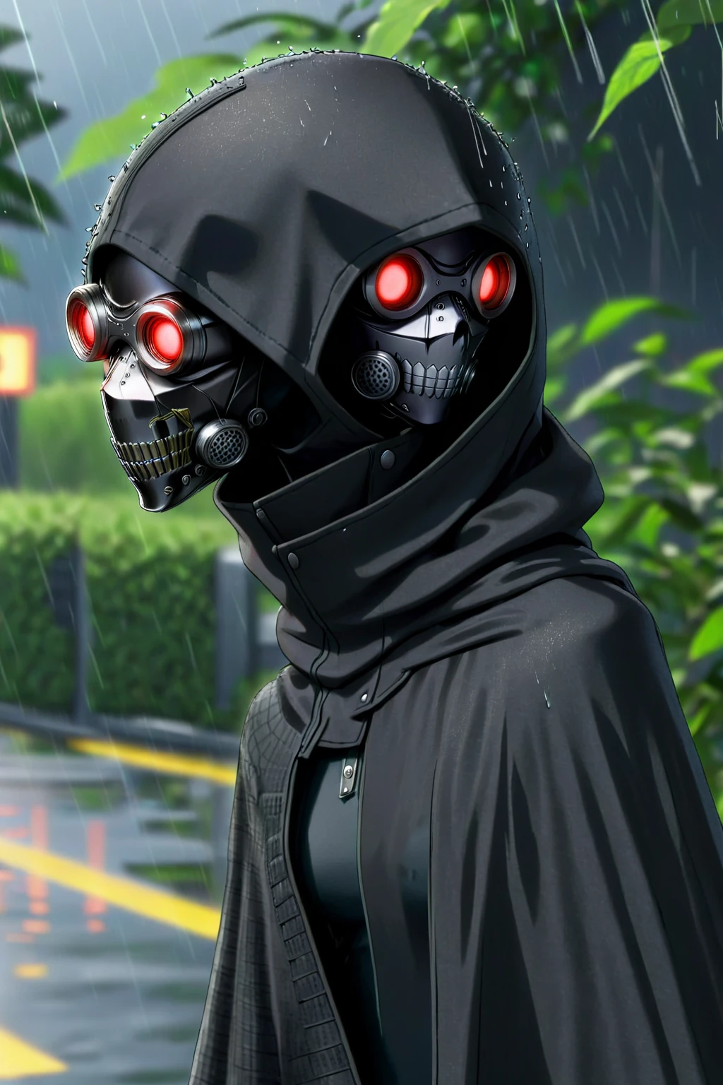 (d34thgun:1.5), (side view:2), (1boy wearing a cyberpunk skull mask with glowing red eyes:1.4), (full face mask, gasmask, wrapped in bandages, cloak, gun, kevlar armor:1.3)(1boy, male focus:1.5), (masterpiece, top quality, best quality, detailed scenery background, official art, beautiful and aesthetic, extremely detailed, best quality, absurdres:1.3), (detailed natural lighting, depth of field:1.3) (hyperrealistic:1.5), vivid 16k colorful hdr, highest detailed, (running, raining:1.5)