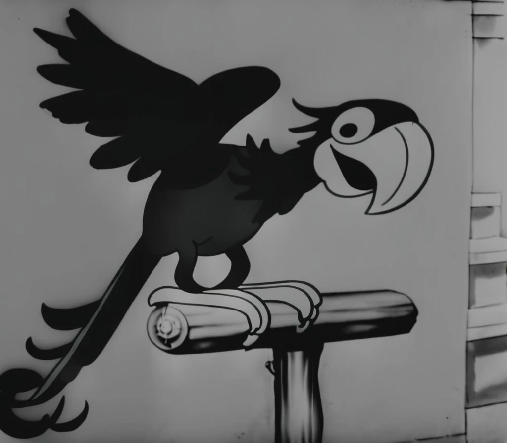 1920s animation, parrot on stand looking down closeup, spread wings, stairs, solo, bird, animal focus
<lora:steamboat_willie:1>