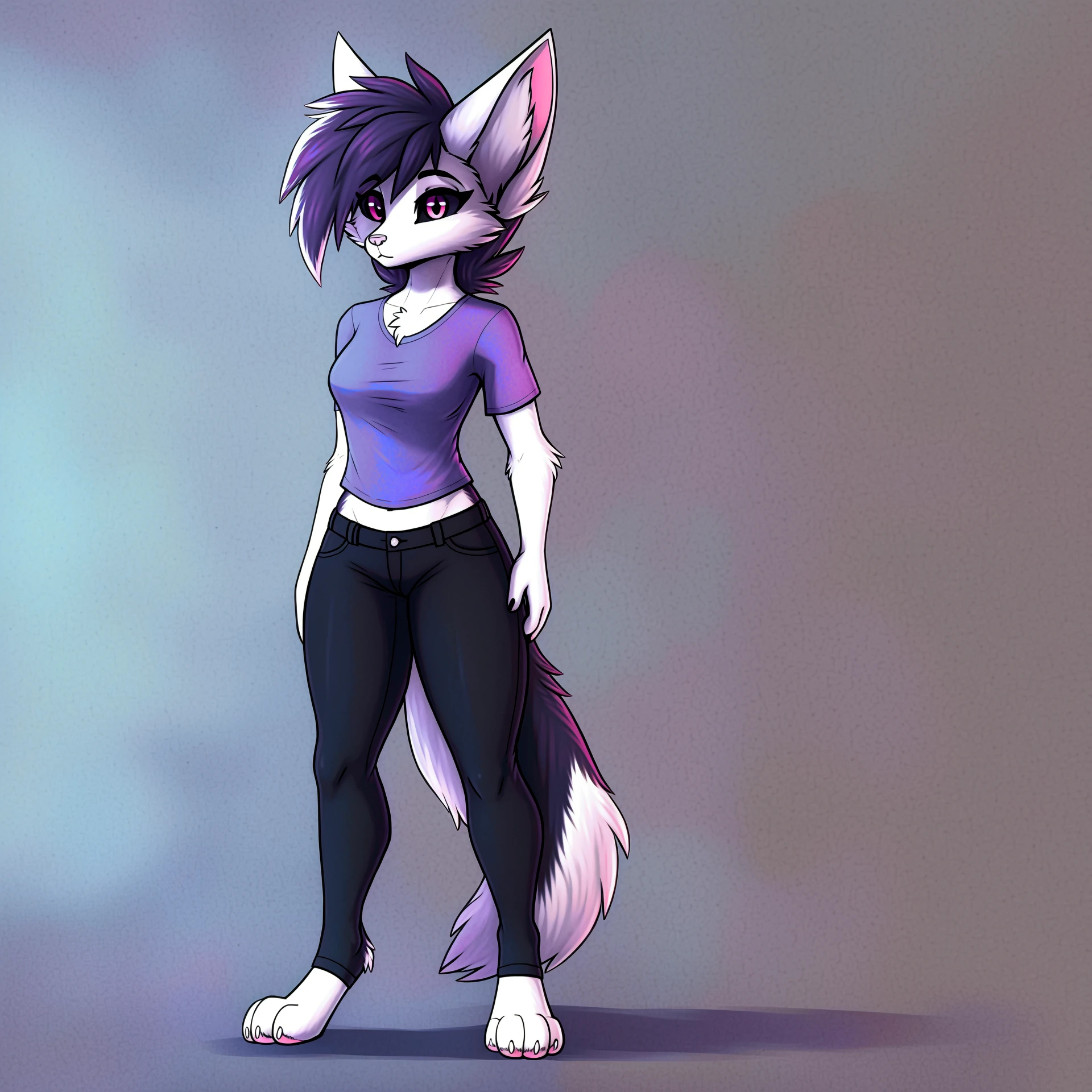 (high quality, high res, 4k:1.3)
<lora:adra:0.8> adra, furry, female, full body, solo, simple background, shirt, pants, standing, paws, body fur, fur tufts