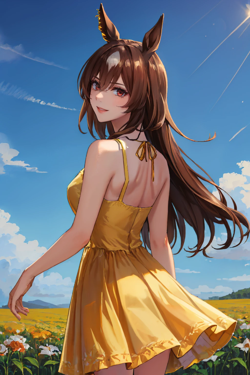 (masterpiece, best quality:1.2), solo, 1girl, sirius symboli, smile, looking back, horse ears, (yellow sundress), flower field <lora:umamusume_siriussymboli-10:0.9> <lora:YellowSundress-45:1>