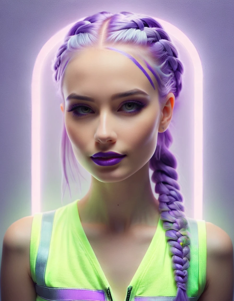 Light Projection,a portrait of a beautiful woman painted on wall with light,stunning beauty,soft light, pastel colors, purple hair, punk, line art,simple background, modernism, glowing lips, lips closed, light smile, masterpiece, natural style, braids, neon, ral-highvis <lora:ral-highvis-sdxl:1>
