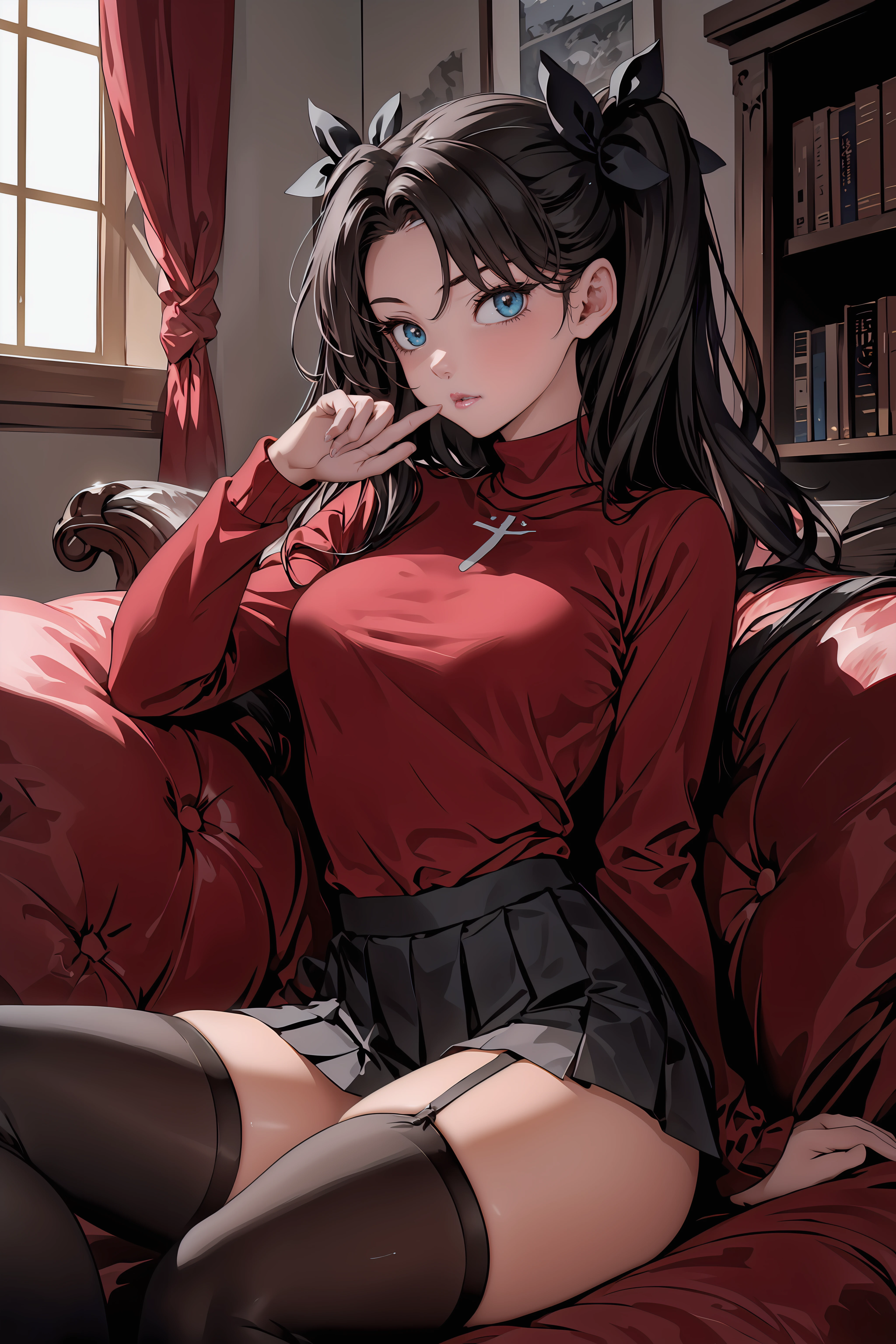 (masterpiece, 8k, 4k, extremely detailed, best quality, absurdres:1.4) nice hands, perfect hands, 1girl,  mature, milf, huge tits, <lora:maid_dress:1> professional photograph of a Victorian era library study complete with bookshelves full of books, beautiful window, perfect dark wooden floorboards, rin_tohsaka, tohsaka rin, dark hair, long hair, black hair, two side up, twin-tails, <lora:EPfsnRin:lbw=all:step=5-25>, EPfsnRin, perfect lips,  sweater, long sleeves, (red sweater:1.2), thighhighs, garter straps, zettai ryouiki, (black pleated skirt)