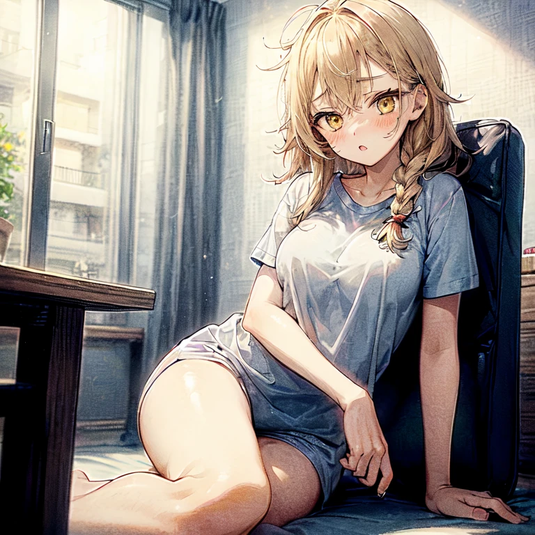 1girl kirisame-marisa blonde-hair yellow-eyes single-braid blush t-shirt casual messy-hair morning pajamas sleepy indoors