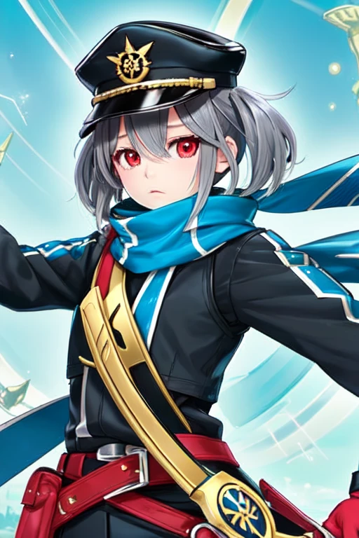 best quality, masterpiece,  <lora:you_sd15:1>ï¼1girl, weapon, sword, holding_weapon, holding_sword, holding, solo, red_eyes, long_hair, hat, twintails, grey_hair, scarf, hair_between_eyes, peaked_cap, duel_monster, black_headwear, black_scarf, gloves, glowing_weapon, bangs, glowing_sword, upper_body, belt, long_sleeves, low_twintails