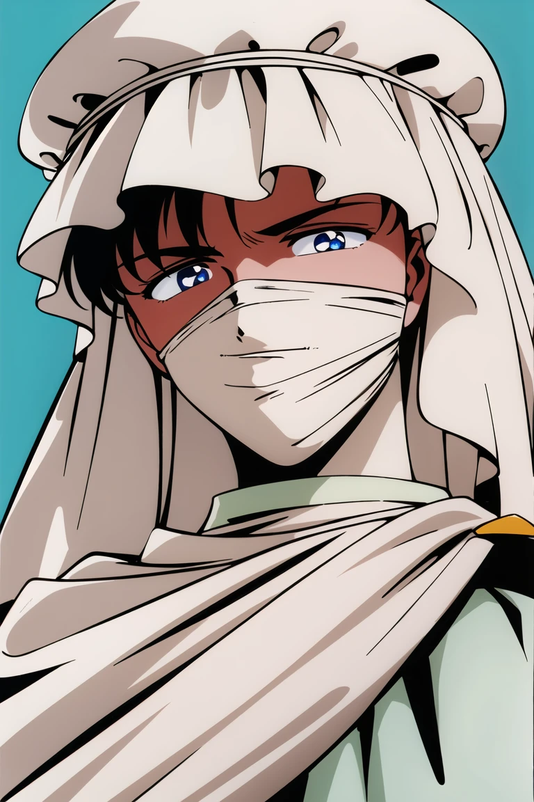 masterpiece,best quality,highres,<lora:Moonlight Knight:0.6>,Moonlight Knight,1990s \(style\),1boy,solo,retro artstyle,looking at viewer,turban,blue eyes,mouth mask,Upper body,portrait,simple background,