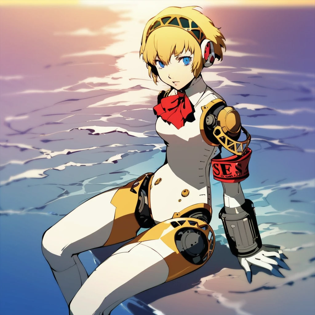 1girl, aegis_\(persona\), blonde_hair, blue_eyes, highres, joints, persona, persona_3, ribbon, robot, robot_joints, sitting by ocean, masterpiece, best quality, uhd, 8k, soejima_shigenori <lora:persona_style_xl_c:1>