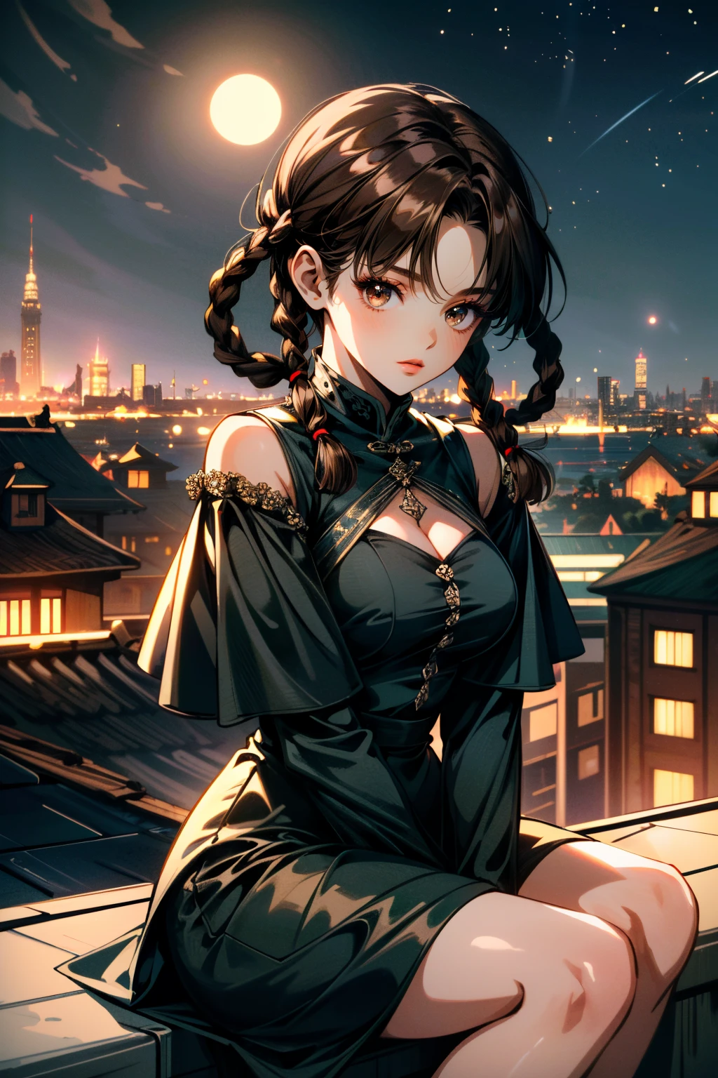 ((ultra detailed, masterpiece, absurdres))
<lora:DOALeiFang:0.9>
DOALeiFang, 1girl, brown hair, brown eyes, twin braids, hair rings, overlooking the city from a rooftop bar at night, chic outfit, sitting