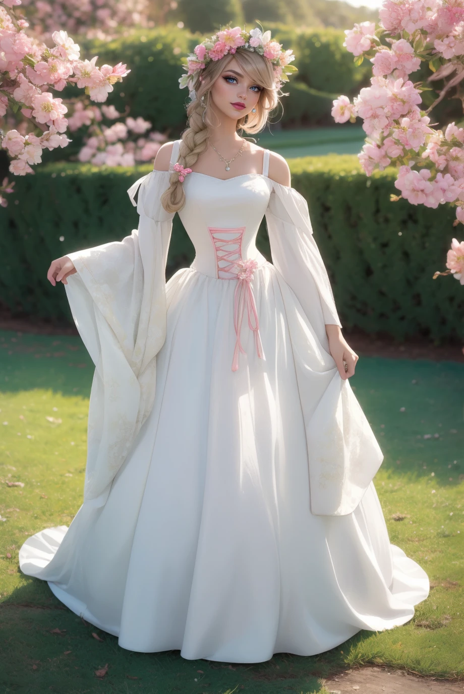 woman,   Adult,  looking at viewer,  (full body photo:1.3), (Wrapped Braid Updo with Floral Accents:1.1), b34uty_g0wn_1, brocade long white gown,  pink corset lace, puffy underskirt, cutout shoulders,  gems, necklace, floral headpiece,  <lora:b34uty_g0wn_2:0.7>, best quality, high detail, high quality, high res, 4k,eyeliner, pouty lips,  detailed skin texture,  (blush:0.5), outdoor background, ((very tiny waist)), smiling