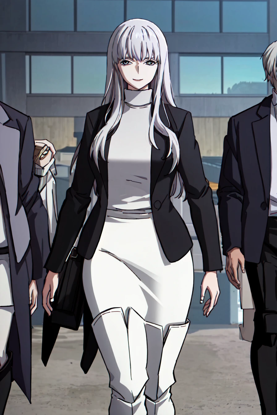 (best quality) , (highly detailed) ,masterpiece ,absurdres ,detailed face ,beautiful face ,(detailed eyes, deep eyes, anime eyes) ,1girl , solo,
Walking with a swagger,
003, grey eyes, grey hair, white hair, long hair, jacket, sweater, black jacket, turtleneck, very long sweater dress, long sweater, (white slit long skirt:1.2), turtleneck sweater, (white knee boots:1.3), slight smile, <lora:003V1:0.8>