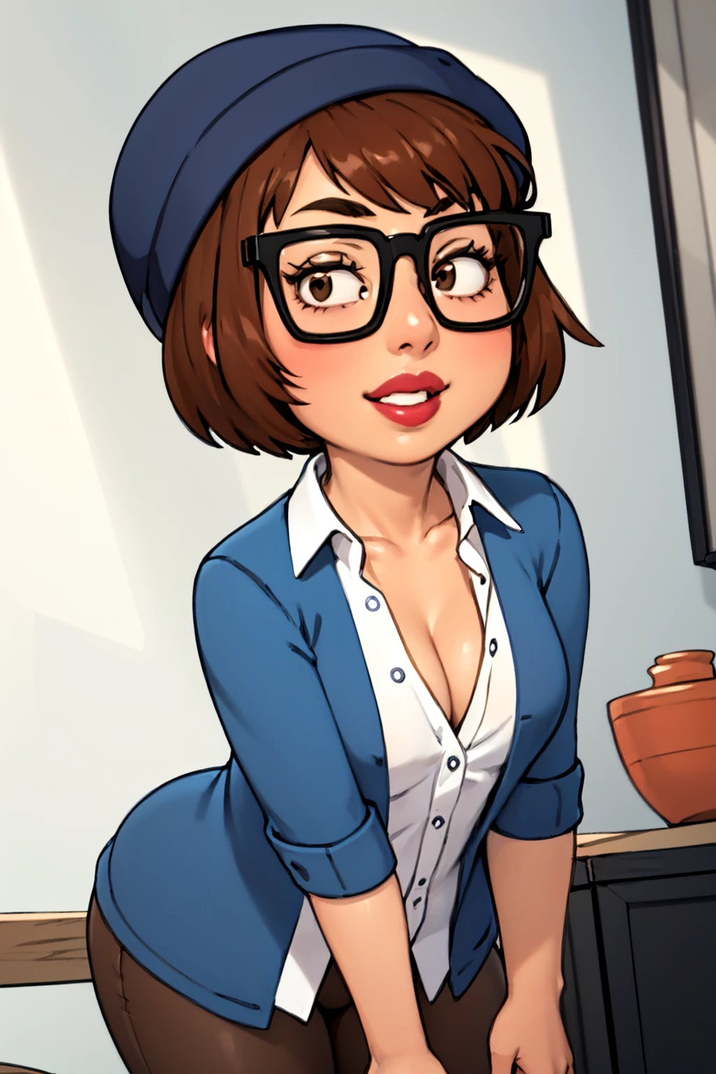 <lora:HipstirMeg-000006:0.5> meg, glasses, brown hair, 1girl, hat, short hair, solo, shirt, black-framed eyewear, white shirt, lips, flat color, bottomless,  <lora:CyanCapsule-LoCon-V2:0.8> looking at viewer, smile,covered nipples,  unbuttoned, cleavage,, masterpiece, high quality, absurdres, wide hips, leaning forward, simple background, from below, spread legs,
