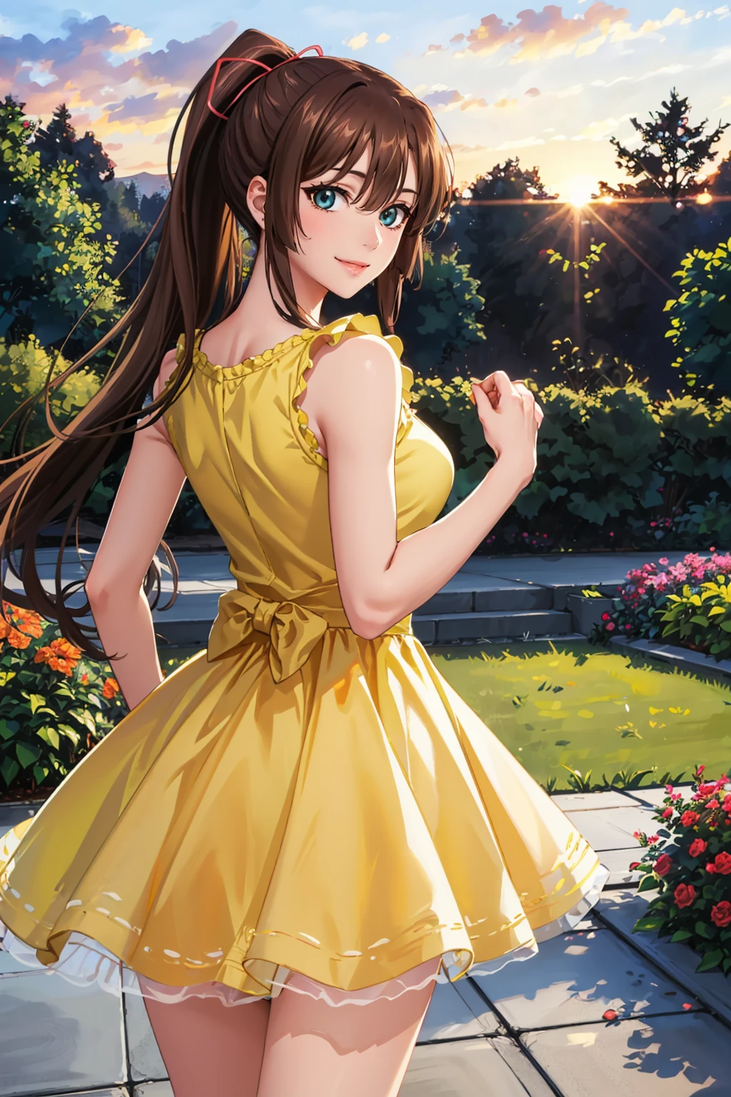 masterpiece, best quality, <lora:kirasakasayaka-nvwls-v1-000009:0.9> kirasaka sayaka, ponytail, hair ribbon, yellow sundress, from behind, garden, sunset, looking at viewer, smile <lora:edgChamYellowSundress:1> edgYSD,woman wearing a yellow sundress
